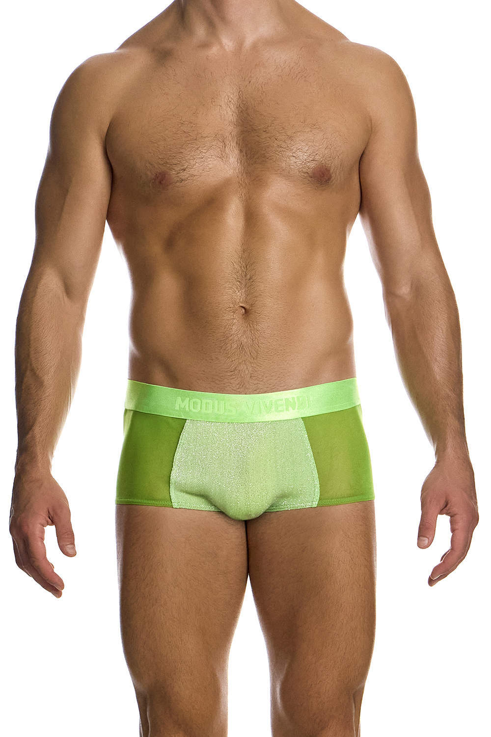 Modus Vivendi Delusion Boxer men’s underwear trunk in sparkly glitter and see through fabrics – glamorous male shorts that fit snug under bum. Buy now