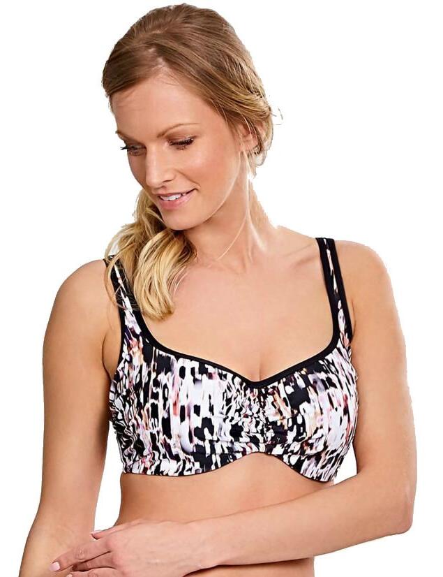 Sophistication meets beauty in the charming new Panache Florentine Range. Ruched at the front giving you a flattering shape. A perfect mixture of a black base and chic animal print make for a hot swimwear look. Pair with any of the Florentine range for a variety of looks this season.  Underwired for support and uplift Ruched cups offer shaping Flexible side boning for support Shaping seem down the middle Adjustable straps Plastic snap back barrel clasp Matching co-ordinates available Fabric: Main – 80% Polyester, 20% Elastane Fabric: Inner Powernet – 87% Polyamide, 13% Elastane Listed in UK sizes  32958-61128-897838 SW1052 Full Cup Bikini Top