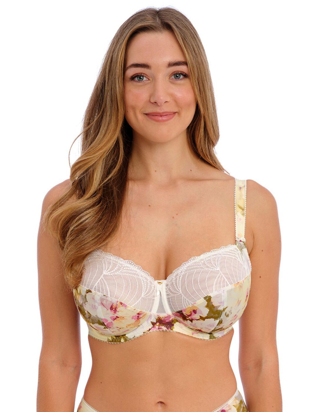 Add a touch of elegance, freshness, and femininity to your lingerie collection with this gorgeous side support bra from Fantasie's stunning Adelle range! You'll fall in love with the romantic design of this beautiful piece with the Swiss-designed geometric embroidery, sheer mesh upper cups, tied in with fabulous ribbon detailing and gold trim between the cups! The comfortable underwiring and powernet wings still allow for a secure fit while the three-piece cups create a flattering shape for your curves. Fully adjustable straps and hook and eye closure give you the customisable fit you deserve. Additionally, take a peek at the matching coordinate available to complete this floral set.  Elegant side support bra Underwired Three-piece cup Lined top cup in larger sizes for additional support Swiss-designed geometric embroidery Delicate ribbon detailing between the cups Sheer mesh panelling on upper cups Recycled Simplex fabric used in cups and cradle Lined top cup in larger sizes for additional support Powernet wing for anchorage and support Non-padded cups Hook and eye closure Fully adjustable shoulder straps Country of origin: Tunisia Composition: 6% Polyamide &pipe; 11% Elastane &pipe; 57% Recycled Polyester &pipe; 26% Polyester Listed in UK sizes  61528-106610-1409659 101447 Side Support Bra