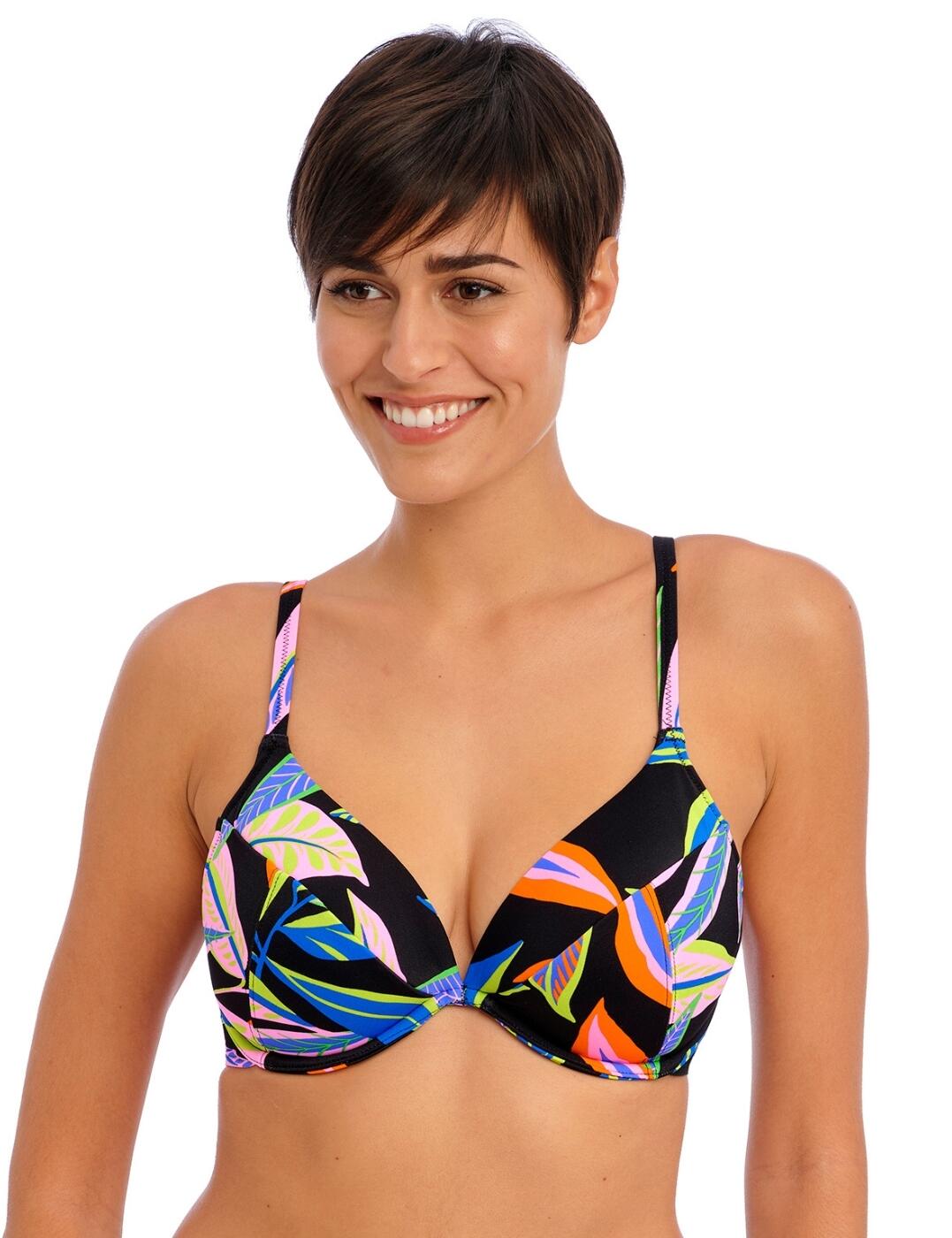 Tropical vibes and beach fun are all here in the Freya Desert Disco plunge bikini top! This bikini top features a bright and vibrant tropical leaf pattern, for a fun holiday look that can rock at the beach. This bikini top is complete with a seductive low neckline, underwired for support and lightly padded for shape. With a detachable centre front tie, you can customize the fit and get a wrap-around look. And thanks to the adjustable shoulder straps and back clasp closure, you can find the perfect fit. To complete your beach look, don’t forget to check out the Desert Disco matching coordinates available.  Plunge bikini top Vibrant tropical leaf pattern Seductive low plunging neckline Underwired for support Lightly padded for shape Detachable centre front tie for wrap-around styling Adjustable shoulder straps Classic back clasp closure Matching coordinates available Country of origin: Sri Lanka Composition: 80% Polyamide &pipe; 20% Elastane Listed in UK sizes  61726-106892-1415075 204727 Plunge Bikini Top
