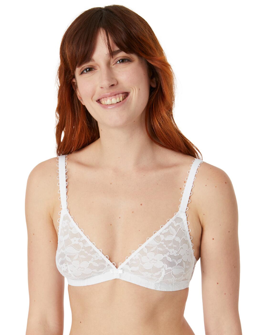The utmost comfort with the romantic style of embroidered lace. All this can be found in the Miss Top range from Maison Lejaby. This triangle bra is non-wired and non-padded, which provides you with the most comfortable fit. The semi-transparent lace material feels amazingly luxurious against your skin and the floral pattern makes you look feminine and pretty. Finished with a little bow in between the bust and a looped trimming on the top of the cups and around the adjustable shoulder straps.  Deep plunging neckline with triangle cups Hook and eye back closure Adjustable shoulder straps Non-padded and non-wired All materials are OEKO-TEX® certified Matching co-ordinates available Care: Hand wash Country of origin: Tunisia Composition: 86% Polyamide &pipe; 14% Elastane  Listed in UK sizes  53550-95989-1244011 220242 Non-Wired Bra
