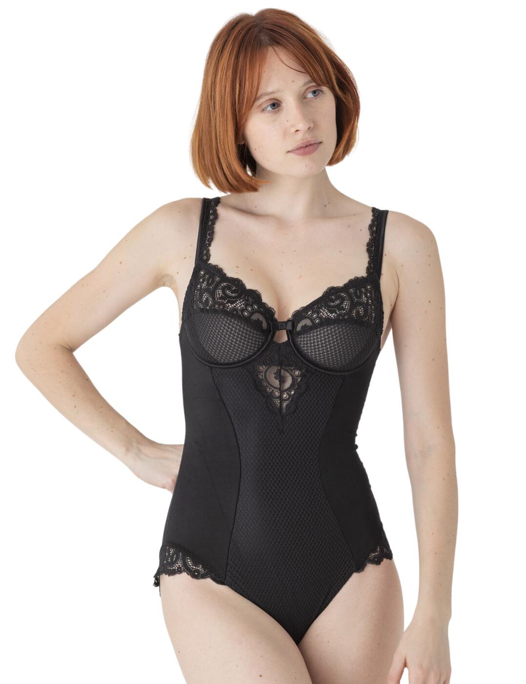 The Gaby underwire bodysuit by Maison Lejaby is a lingerie essential. Crafted from a mix of lace and satin fabrics that give this piece an unforgettable glamourous appearance. The full-coverage cups are adorned with decedent stretch lace which contours to your curves, giving you a feminine look. The blend of stain and lace makes this bodysuit extremely versatile and easy to pair with your favourite pants.  Ruched seam on the rear creates a flattering definition Luxurious stretch satin hugs your curves Feminine lace detailing Comfortable full cup style with underwiring Adjustable shoulder straps Pull-on style Country of origin: Tunisia Composition: Polyester 75% &pipe; Elastane 23% &pipe; Cotton 2% Listed in UK sizes  53561-96011-1243995 13853  Body