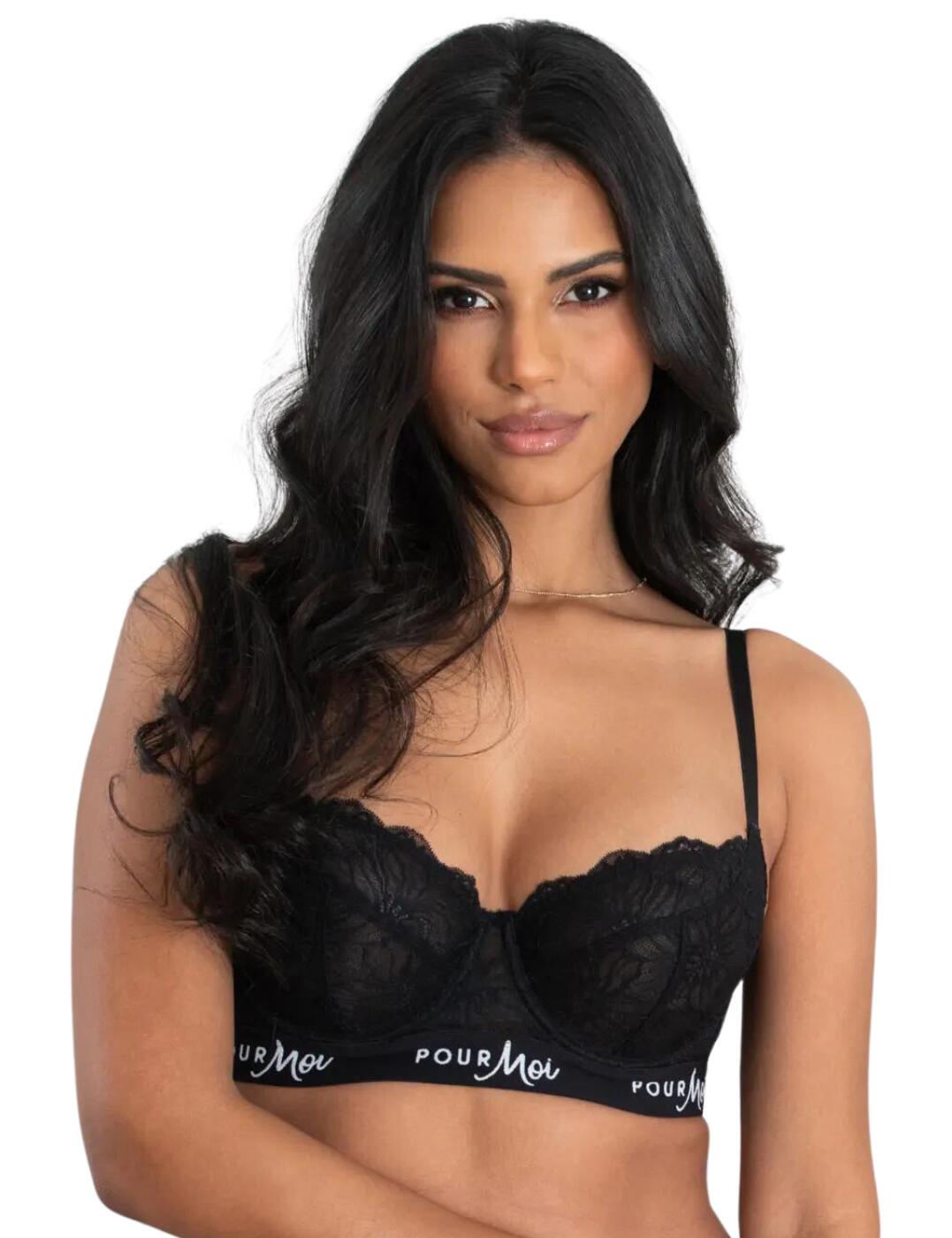 Show off your best self with the Pour Moi Logo underwired bra. With an ultra-plunging neckline and a striking combination of floral lace and semi-sheer cups, you’ll turn heads while still feeling comfortable and supported. Underwire and a logo elasticated underband provide the perfect amount of support, while the non-padded cups and scalloped neckline make it extra cosy. You’ll love the adjustable shoulder straps and hook and eye closure, so you can customize your fit for absolute perfection. Matching coordinates are available for the complete look.  Logo bra Plunging neckline Floral lace cups Underwired for support Non-padded for comfort Semi-sheer cups Logo elasticated under band Scalloped neckline Adjustable shoulder strap s Hook and eye closure Matching coordinates available Country of origin: China Composition: 81% Polyamide &pipe; 19% Elastane Listed in UK sizes  62065-107345-1422128 18302 Plunge Bra