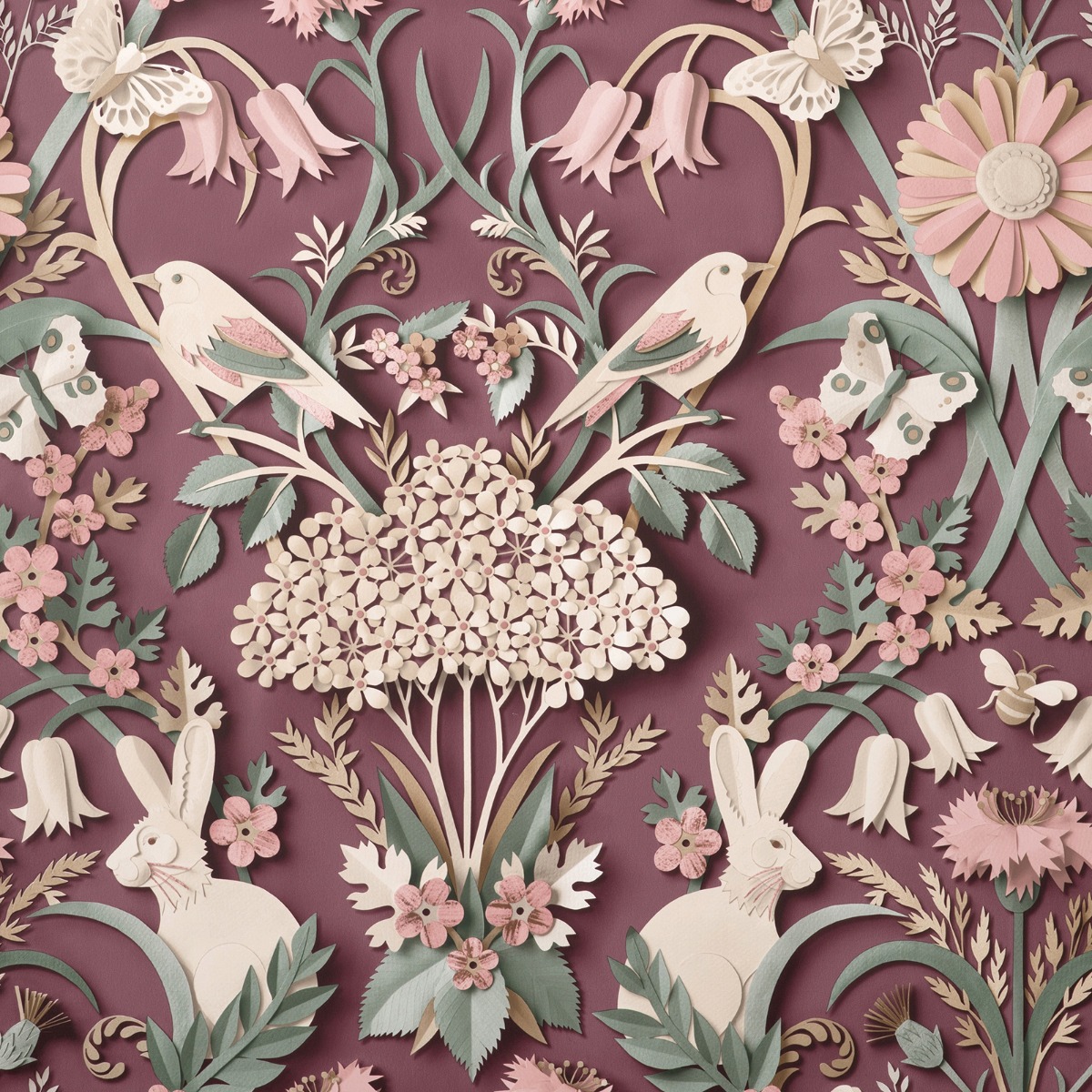 Fine Decor Fine Décor Woodland Rabbit Butterfly Luxury Plum Wallpaper, Purple
