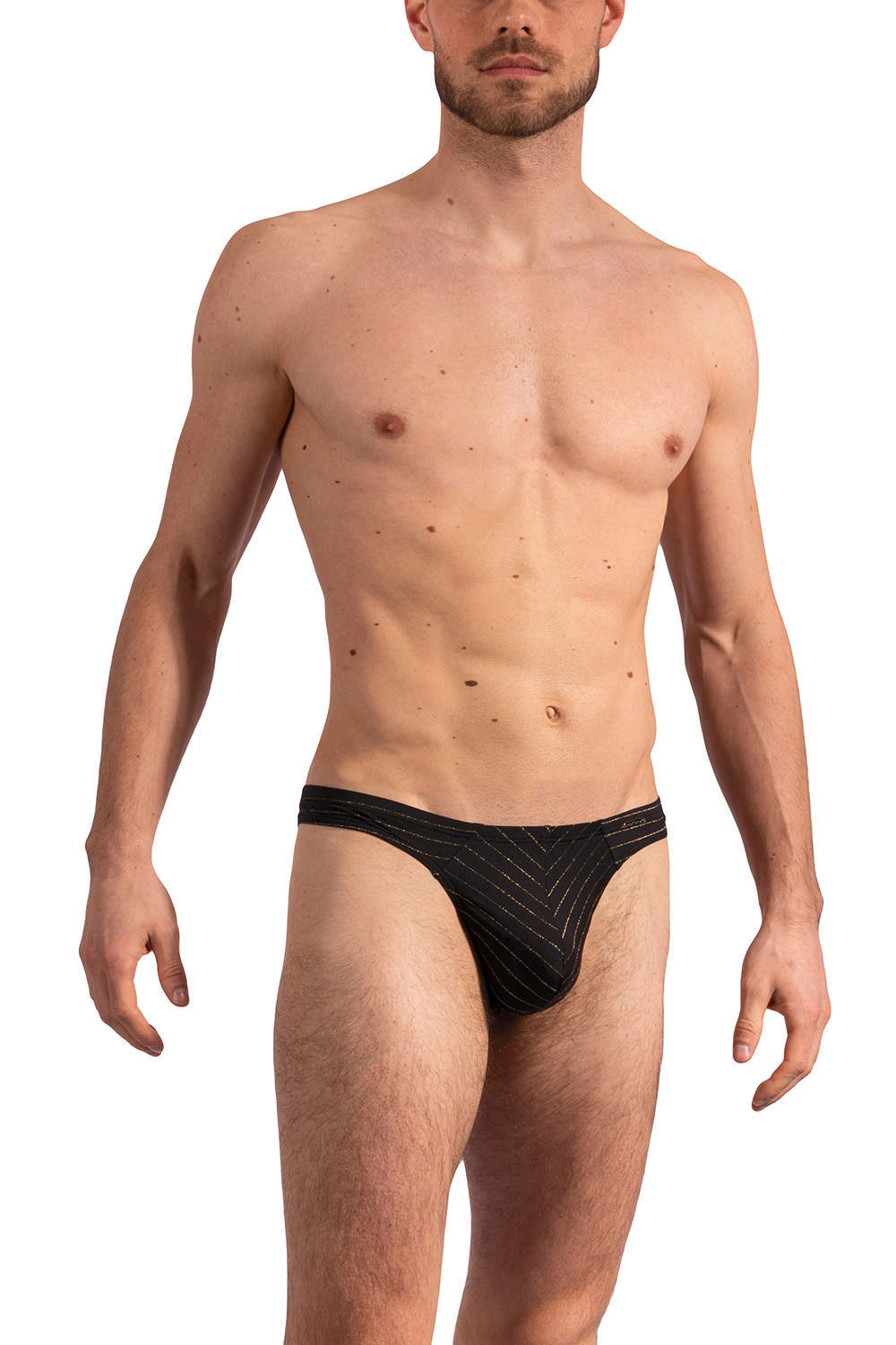 A treat! Olaf Benz RED 2215 Mini String men’s underwear thong briefs in glittering golden pinstripes. Silky male slips – shop and ship worldwide today
