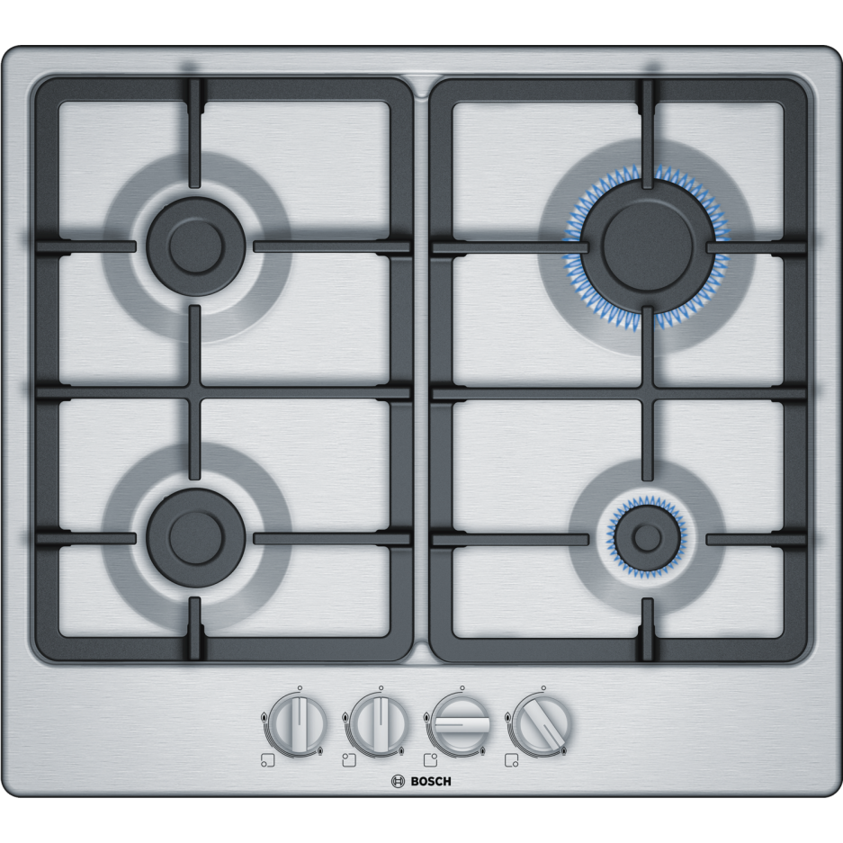 Bosch Pgp6b5b90 58cm Four Burner Gas Hob With Cast Iron Pan Stands Stainless Steel