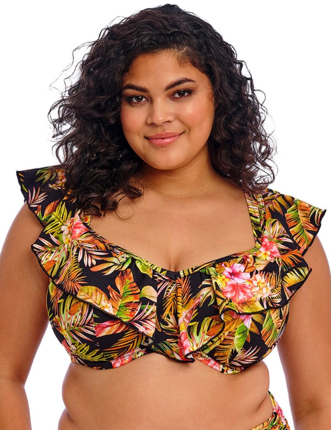Radiate confidence poolside with this underwired bikini top from Elomi's eye-catching Tiger Valley collection. Showcasing a beautiful tropical print and flirty off-the-shoulder ruffle, this bikini top is sure to elevate any swimwear wardrobe. A flattering straight neckline leads to shapely, non-padded cups that offer reassuring bust coverage for confident wear by the pool. Comfort is guaranteed thanks to the ultra-lightweight fabric and full lining, while narrow, adjustable straps offer a fit that's just right for you. Completed with a secure plastic clasp closure at the rear, this must-have bikini top pairs perfectly with bottoms from the Tiger Valley range.