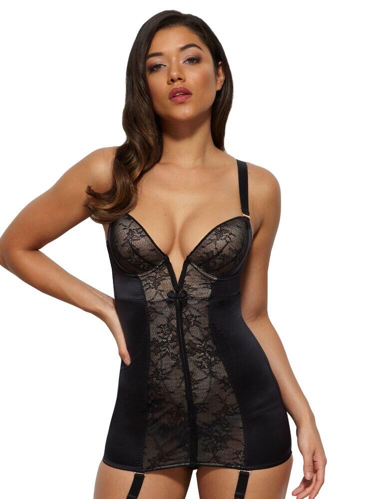 The Gossard Retrolution range is inspired by unique vintage styles and crafted from exclusive fabrics. This garment features inner tulip shape control panel, creating the appearance on a smoother figure. The deep plunging centre front offers maximised cleavage along with foam cups and supportive underwiring, allowing for a supported and uplifted cleavage. Decorated with fine and delicate lace to the front and back for adding a luxurious touch. This fabulous piece is the perfect day to night option, giving you all the glamour and support needed.  Seductive and feminine design Deep plunge neckline Creates a smooth silhouette Padded and underwired cups Removable suspender straps Adjustable and removable shoulder straps Hook and eye fastening to the back Can be worn as shapewear Composition:- 71% Polyamide &pipe; 20% Elastane &pipe; 9% Polyester Listed in UK sizes  27542-50886-1083855 8517  Control Slip