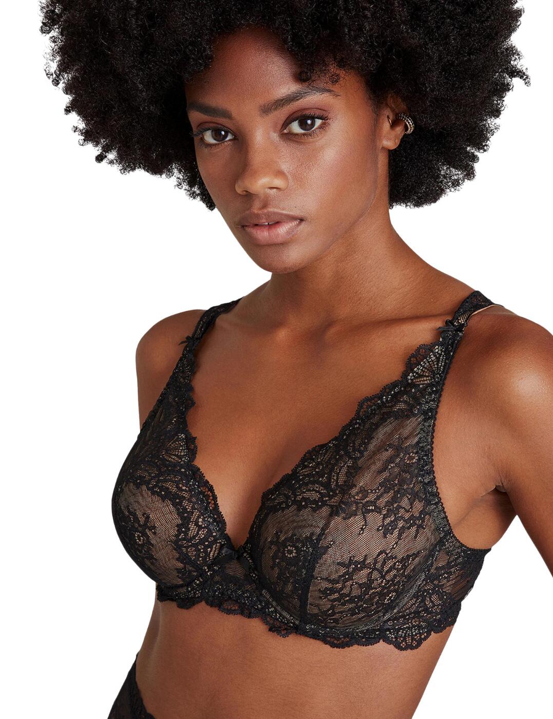 This stunning, seductive lace bra from the Danse Des Sens range by Aubade is beautifully intricate with lace surrounding the entire bra with an eye-catching floral design that blossoms against your skin. The plunge style enhances the bust and allows for more cleavage to be shown. Delicate scalloped edging runs up and around the whole piece finishing the bra off perfectly. Two bows on either side of the straps with another resting between the two cups create a cute, feminine look. With the lace being soft and elasticated it allows for the utmost comfort at all times and why not match it with the Italian briefs from the same range to create the ultimate sensual set.  Aubade's triangle plunge bra From the Danse Des Sens range Underwired for extra support Hook and eye closure Non-padded provide a lightweight, breathable experience Plunge design Lycra lace trim Satin bows are placed delicately on both straps and between the cups Comfortable, adjustable straps allow for a better fit Floral pattern throughout the lace Scalloped edging Country of origin: Tunisia Composition: Cup lace: 87% Polyamide &pipe; 13% Elastane Composition: Lace front back: 89% Polyamide &pipe; 11% Elastane Composition: Lining: 100% Polyester Composition: Side lining: 100% Polyamide Composition: Lining back: 70% Polyamide &pipe; 30% Elastane Listed in UK sizes  57520-101557-1317295 OG12-02 Triangle Plunge Bra