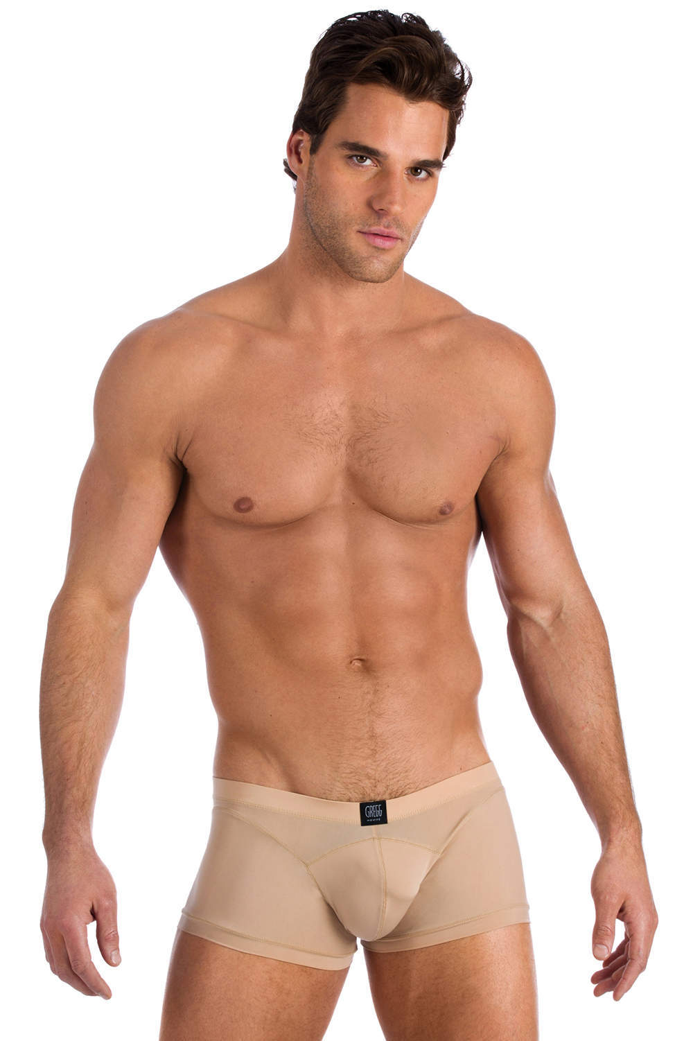 Discreet men’s underwear Gregg Homme Virgin Boxer Brief short – latte second skin maxis. Shop male trunks in fine microfibre. Lined uplifting pouch