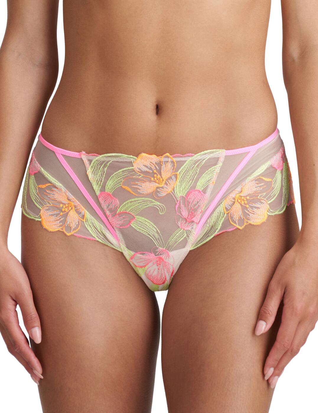 Update your lingerie collection with these statement Hotpants by Marie Jo. From the Georgia collection, the briefs are made from sheer materials that feature neon floral embroidery that continues round to the rear. It has a low-rise waist with medium rear coverage. At the rear, there is a keyhole cut out at the waistband which creates a sexy finishing touch. Matching items are available to create the full summery coordinated look!  Hotpants Statement print with neon floral embroidery Sexy sheer material Flattering low-rise Medium rear coverage Keyhole cut off at rear Matching items available Country of Origin: China/Longnan Composition: - 75% Polyester, 10% Polyamide, 9% Cotton, 6% Elastane  Listed in UK sizes  53640-96160-1262017 0502602  Hotpants