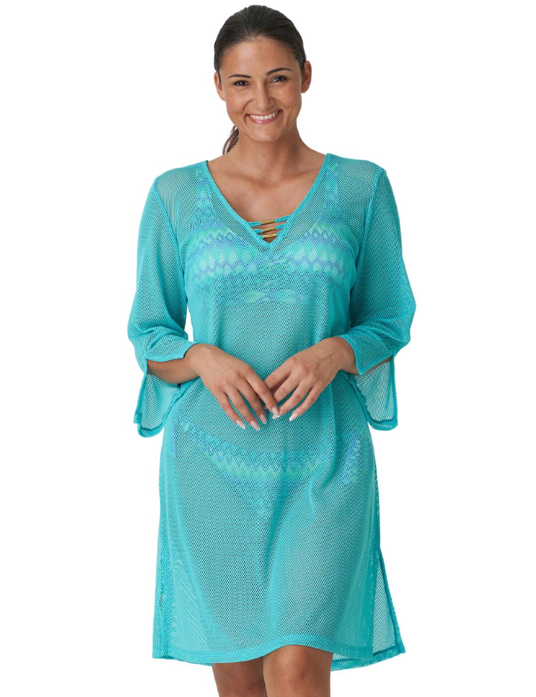 This kaftan is a luxurious essential that is perfect for any beach getaway! The elegant design offers modest 3/4 length sleeves and knee length design. The premium mesh fabric is breathable for the utmost comfortable wear. The V-neckline with gold-toned embellishment add a subtle luxurious detail. Team with matching swimwear from the Holiday collection by Prima Donna for an elegant coordinated look.