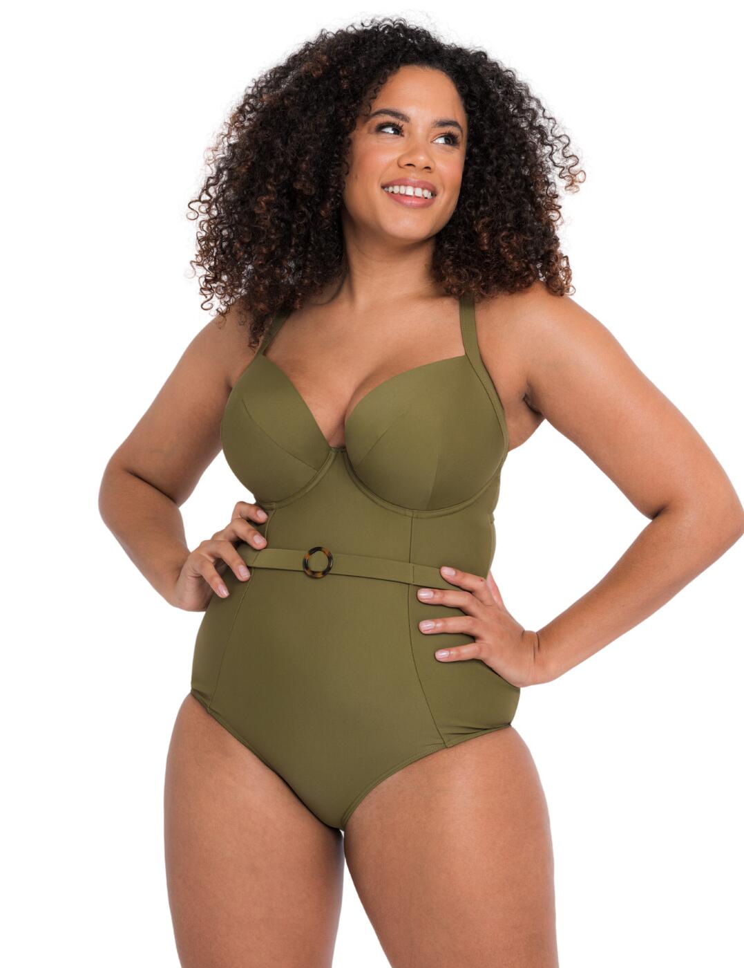 Give yourself a trendy 70's vibe with this Retro Sun swimsuit from Curvy Kate. The simplistic design is offset by a cheeky belt with a tortoiseshell buckle on the front, cinching your waist optically. A deep plunging neckline brings attention to your beautiful curves, while the underwired moulded cups give you a secure fit and flattering shape. The fully adjustable shoulder straps can be worn in multiple ways, allowing for a different look every day. The traditional pull-on design is aided by a plastic barrow clasp on the back.  Deep plunging neckline Retro look Material belt on the front with a tortoiseshell buckle Fully adjustable multiway shoulder straps Material resistant to heat, chlorine and sunscreen Keyhole opening on the back Plastic barrow clasp closure Moderate rear coverage Underwired Moulded cups Country of origin: China Composition Main: 80% Nylon &pipe; 20% Xtra Life Lycra Composition Lining: 100% Polyester Composition Lining 2: 85% Polyester &pipe; 15% Elastane Composition Lining 3: 100% Nylon Composition Wing Mesh: 73% Nylon &pipe; 27% Elastane Listed in UK sizes  58221-102552-1336367 CS019601  Swimsuit