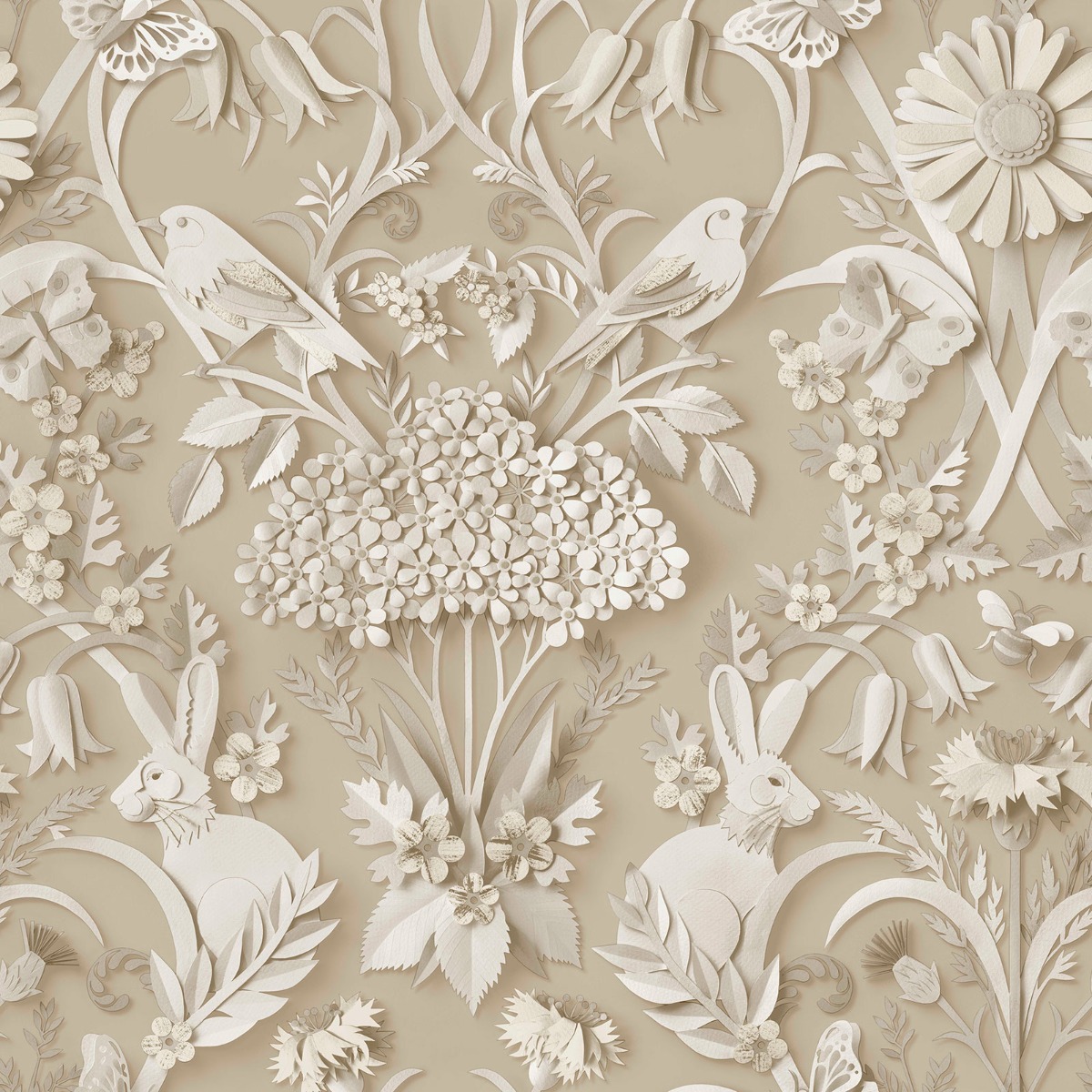 Fine Decor Fine Décor Woodland Rabbit Butterfly Luxury Natural Wallpaper, Cream