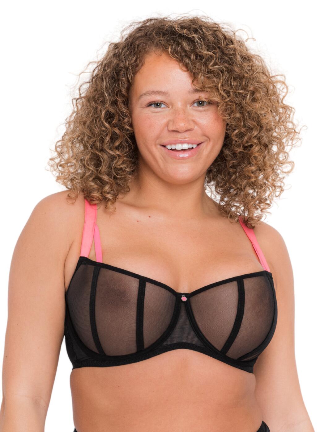 Create a bold-statement look with this balcony bra from the Elementary range by Curvy Kate. Bold lines contrast against the sheer supportive netting of the cups to create an eye-catching style. The vertical seams help create slight rigidity on a non-padded bra. The cups are rounded to offer extra shaping assistance. Accent, fully adjustable, pink straps and rear detailing add a daring heir to the piece, with an added centred adornment. Elasticated wings create a flexible and comfortable style. Meeting at the rear for a hook and eye closure for optimal personalisation of fit. The underwiring pairs perfectly with the natural feeling fit of the piece to create a dreamy bust.