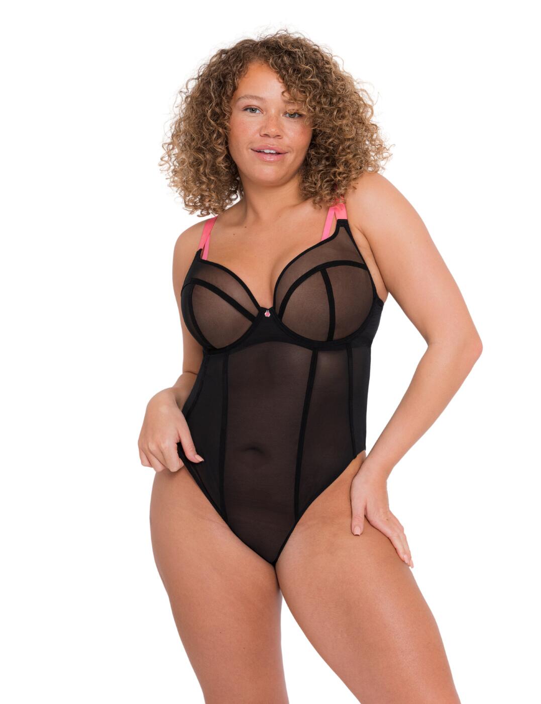 The statement piece your lingerie drawer has been yearning for. Brought to you from the Elementary collection by Curvy Kate. The bodysuit is made all over from supportive stretch mesh, creating a sheer yet secure and comfortable fit. Bold vertical seams in the cups along with underwiring create a rigidity without the need for padding. Combined with a rounded shape offers you a natural feeling fit and a stunning shape, highlighted by the slightly plunging neckline. The over bust seams help arch the cups perfectly to ensure they sit flush against the bust, to move when you do. Pink accent detailing is added to make a further statement. Moderate rear coverage offers a comfortable fit whilst still keeping the cheeky heir. Hook and eye closures are used in the crotch and the back, combined with fully adjustable straps for personalisation of fit.  Supportive sheer stretch mesh Bold vertical seams create rigidity Underwired Non-padded Rounded shaped cups Slightly plunging neckline Over bust seams Pink accent detailing Moderate rear coverage Hook and eye closure at back and crotch Fully adjustable straps Country of origin: China Composition: Main: 100% Polyester Composition: Lining: 100% Polyamide Composition: Wing Mesh: 73% Polyamide &pipe; 27% Elastane Composition: Brief Mesh: 90% Polyamide &pipe; 10% Elastane Composition: Gusset Liner: 100% Cotton Listed in UK sizes  58473-102845-1342452 CK056704 Plunge Bra