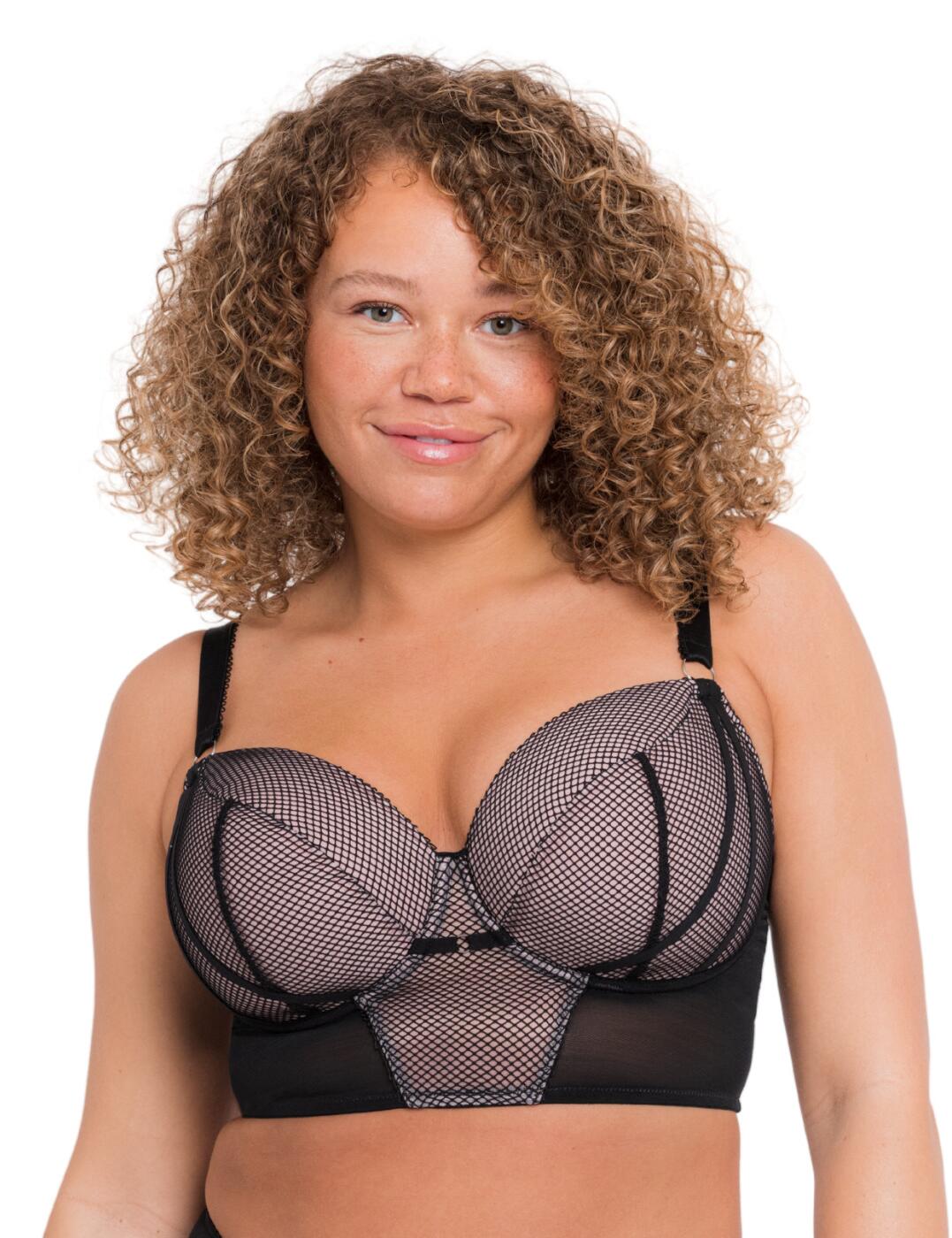 For a bold and striking look, look no further than the Gin Fizz range from Curvy Kate. This longline bra uses stretch panelling to tuck into your waistline and accentuate your curves. As well as extra support as well as comfort. The cups are lightly padded and underwired for perfect security and uplift. Flawlessly highlighted by the balcony style and plunging neckline. The oversized fishnet is laid over contrasting material, combined with boldly piped seams, creates a striking finish. Small trimmings are laid across the fully adjustable straps for extra details. There are rows of hook and eye closures at the rear for a personalised fit as well as added security.