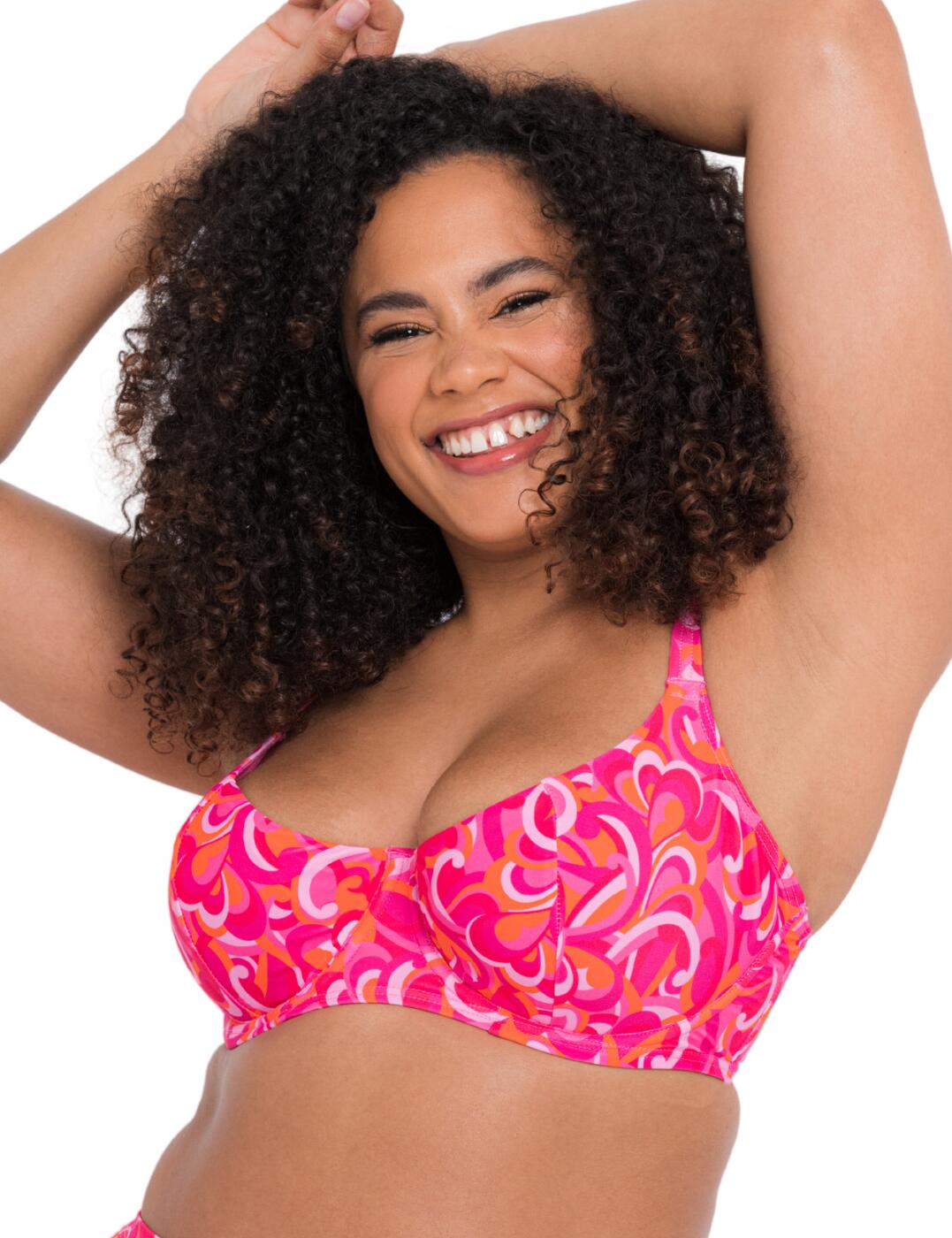 Give yourself a fun energetic look with the Retro Wave collection by Curvy Kate. This bikini top features a vibrant retro print that will easily make you the centre of attention. The balcony-style neckline makes for a flattering fit with a scoop decolletage giving you medium coverage for an even more alluring look. This piece is underwired for support and features classic swimwear clip fastening at the back. The adjustable multiway shoulder straps allow you to adapt this bikini top to your most comfortable fit. Wear with a matching bikini brief from the Retro Wave collection for a fully coordinated look.