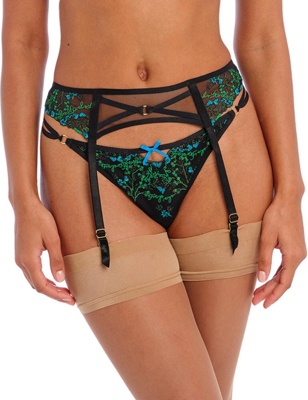 Freya's suspender belt from the Show Off collection is guaranteed to make you feel confident and flirty, with the chic floral embroidery on the sides and the unique cross-over strap design in the middle, adorned with a gold ring for a tantalising touch. There are four adjustable suspender straps to keep your stockings secure no matter what you are doing and the rear hook and eye fastening will ensure you get a snug fit that will stay in place for as long as you want and is also easy to remove. Wear this suspender over briefs from the Show Off range for a playful combination.  High-rise waist Hook and eye fastening Four adjustable suspender straps Floral embroidery on the sides Front cross-over strap design Country of origin: Indonesia Composition: 37% Polyester &pipe; 36% Polyamide &pipe; 27% Elastane Listed in UK sizes  58779-103283-1350081 401691 Suspender Belt