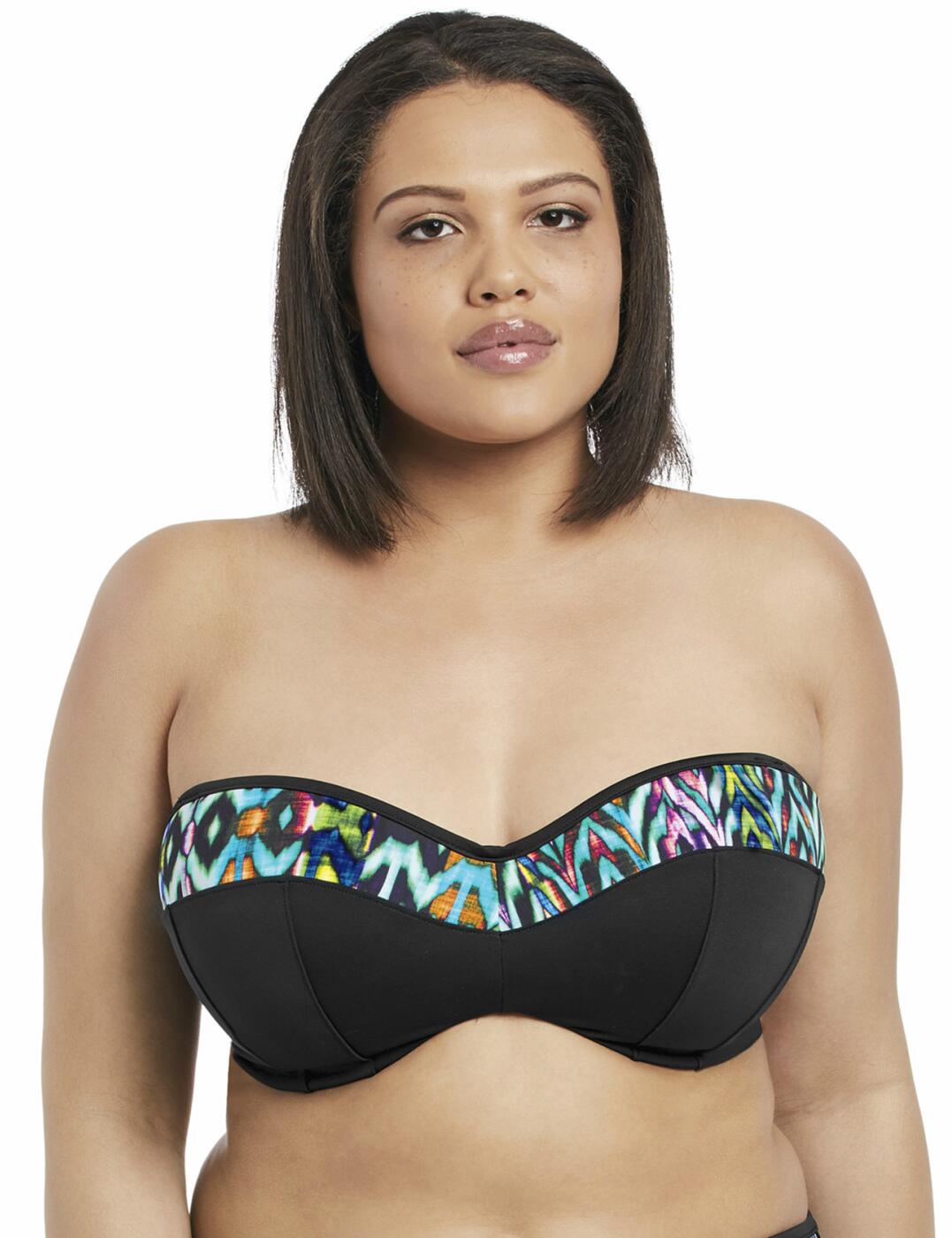 Fierce and energetic, the Elomi Tribal Instincts range oozes a powerful and sophisticated vibe. Ikat inspired prints are combined with psychedelic tones to create a contemporary look that will ensure all eyes are on you.  Shape inspired by the ever popular Essentials range Underwired for support and uplift Bandeau style Fully lined with a light and supportive fabric Lightly padded for modesty and support All the support that Elomi bras are famous for Fully adjustable straps that can be taken off, converted to cross over or halterneck Choice of two strap positions in the cup Anti-slip silicone coated elastic at bottom and top of cup Plastic snap-back fastening Matching co-ordinates available Listed in UK sizes  28237-52864-648790 7115 Black