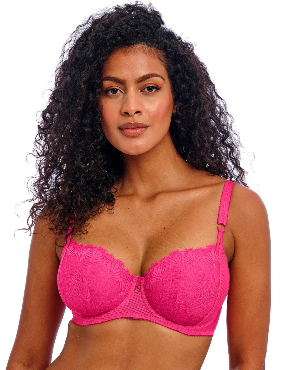 Introducing the Fascinate balconette bra by Freya - a captivating blend of elegance and support sure to transform your everyday lingerie. Showcasing a beautiful floral lace design, this must-have bra boasts an opulent feminine style to add a touch of sophistication to your wardrobe. The non-padded, lined cups shape and lift your bust for enhanced cleavage, while the mid-coverage underwire supports and adds uplift from beneath. Additional support comes from the soft mesh cradle and side sling plus fully adjustable straps for all-day comfort and confidence. Chic ring and rouleau details complete this feminine staple, which is secured at the rear with a hook and eye closure. Wear with matching Fascinate pieces for an enchanting lingerie experience.