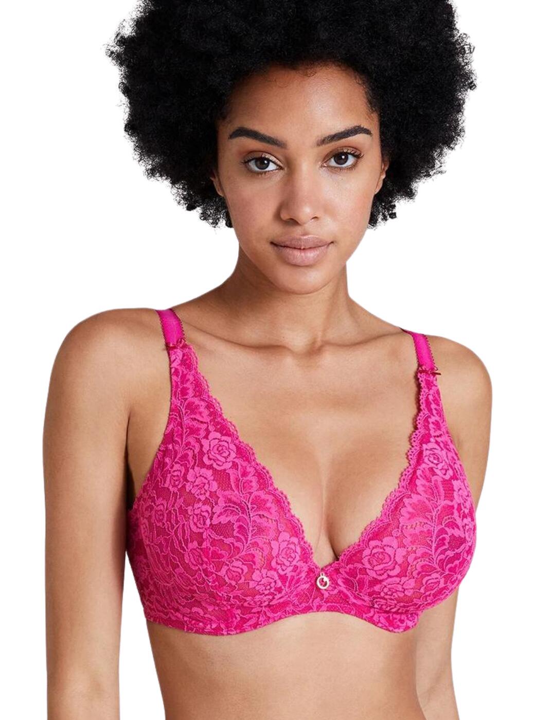 The luxurious Rosessence collection by Aubade introduces a bra that is sure to become a new favourite in every elegant lady's lingerie drawer. The deep plunging neckline of this piece is decorated with delicate scalloped edges, subtly accentuating your beautiful decolletage. The underwired and non-padded cups support your bust while maintaining your natural look. The delicate lace material boasts a feminine floral pattern, giving this bra definition and elegance with a touch of luxury. A cute round charm in between the breasts gives a pretty finishing touch.  Deep plunging neckline with triangle cups Semi-sheer materials with stunning floral embroidery Scalloped trim on the neckline Adjustable shoulder straps Hook and eye back closure Non-padded Underwired Matching coordinates available Country of origin: Madagascar Composition: Cup lace - 80% Polyamide &pipe; 20% Elastane Composition: Lace back - 82% Polyamide &pipe; 18% Elastane Composition: Middle lace - 85% Polyamide &pipe; 15% Elastane Composition: Cup lining - 100% Polyester Composition: Lining back - 83% Polyamide &pipe; 17% Elastane Composition: Middle lining - 100% Polyamide  Listed in UK sizes  55239-98472-1276973 HK12-2-6 Plunge Bra