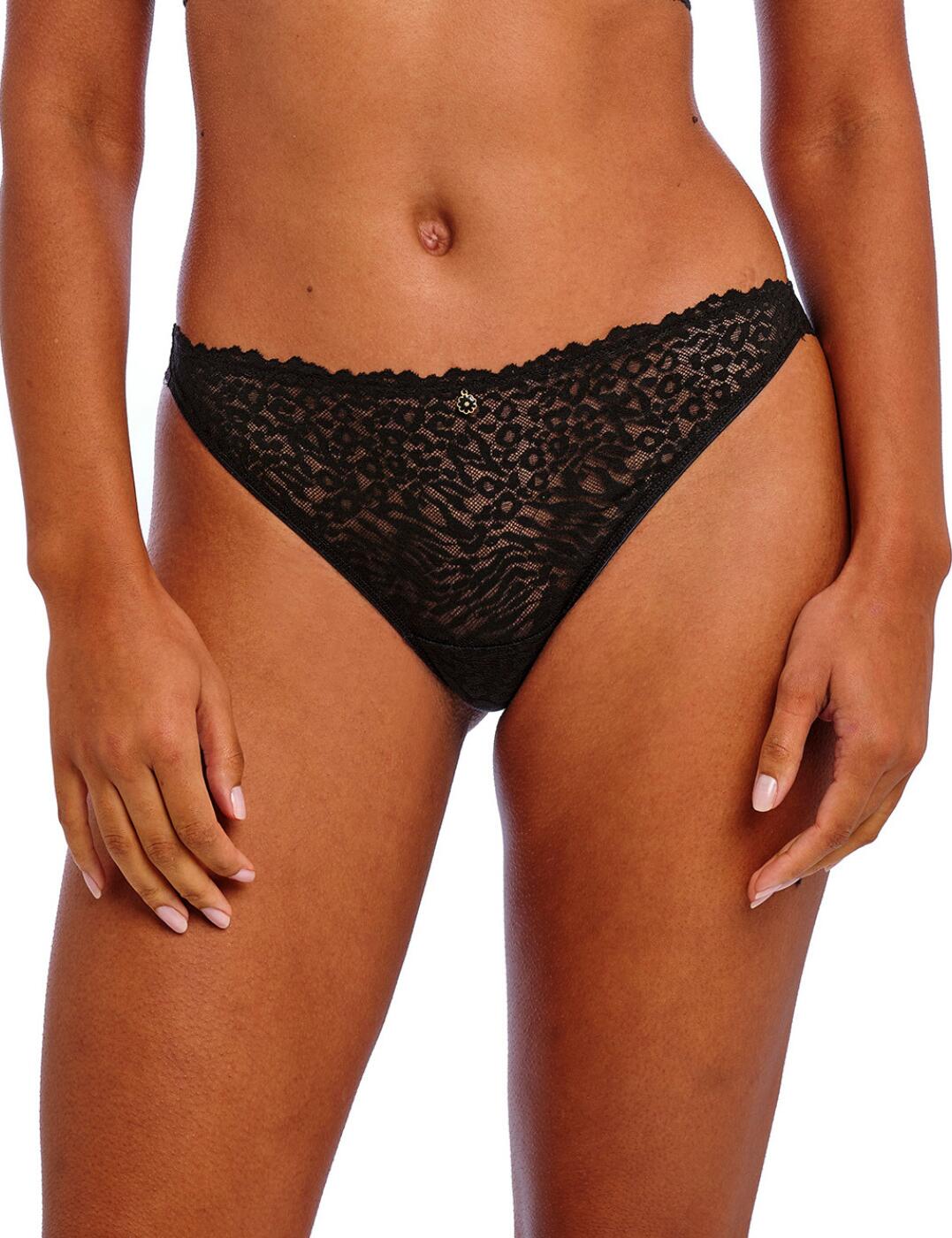 Add a twist to your everyday fit with the Freya Love-Haze Brazilian brief. This exquisite Brazilian brief is designed to make you feel sexy and empowered from within. Its mid-rise waist sits comfortably on your hips, giving you that perfect hourglass figure. The animal print stretch lace adds a touch of wildness to the overall design. And let's not forget about the floral enamel charm at the centre front and scalloped waistline, which adds a subtle yet charming flair. The minimal rear coverage is perfect for those who want to flaunt their curves while still keeping it classy. You can complete the look with our matching coordinates to create a complete and irresistible set.
