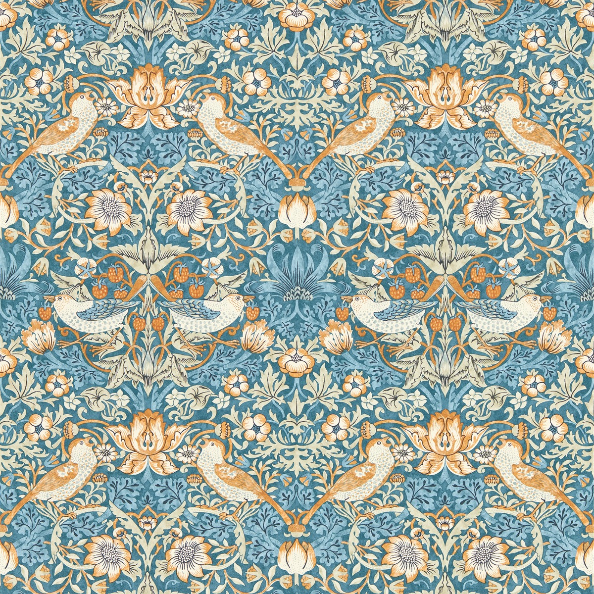 Clarke & Clarke Clarke & Clarke William Morris Design Strawberry Thief Wallpaper Denim Spice Paste The Wall, Blue