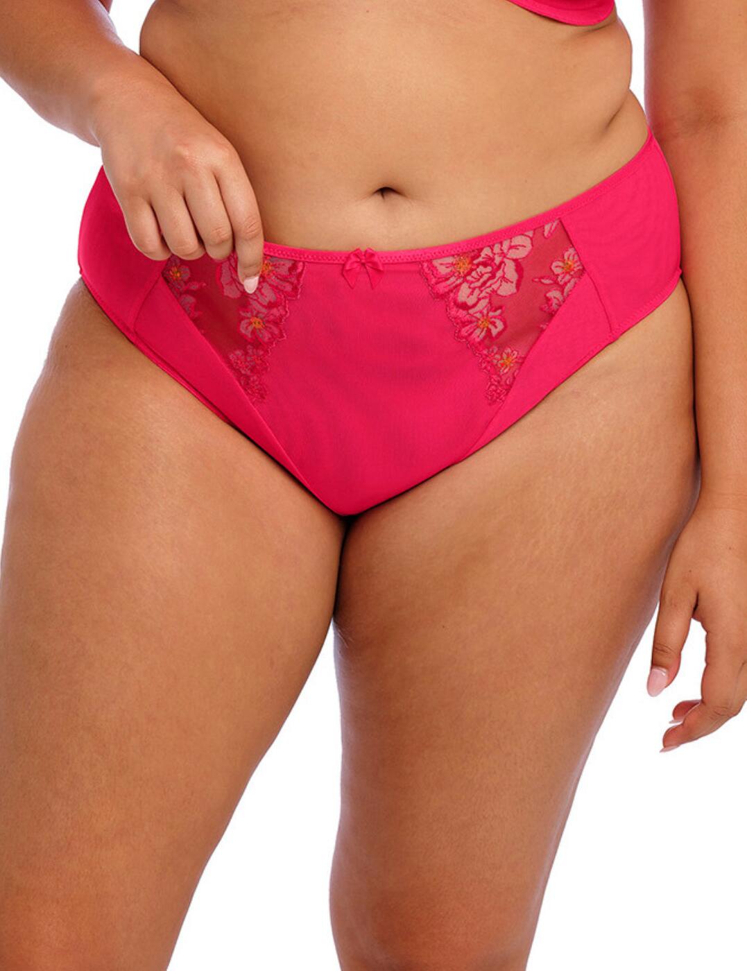 Elevate your go-to styles this season with the Elomi Teagan brief! With a mid-rise waist and high leg rise, this brief offers a flattering silhouette that will make you feel confident and fabulous. The double-layer stretch mesh design ensures both support and breathability, keeping you cool and comfortable all day long. Floral embroidered front insert panels add a touch of femininity and charm, while the satin-look waist elastic exudes a glamorous feel. And let's not forget the adorable bow at the centre front, it's the perfect finishing touch to this already stunning piece. Featuring full rear coverage, you're sure to feel secure all day long. You can complete the look with our matching coordinates for a complete and coordinated lingerie set.