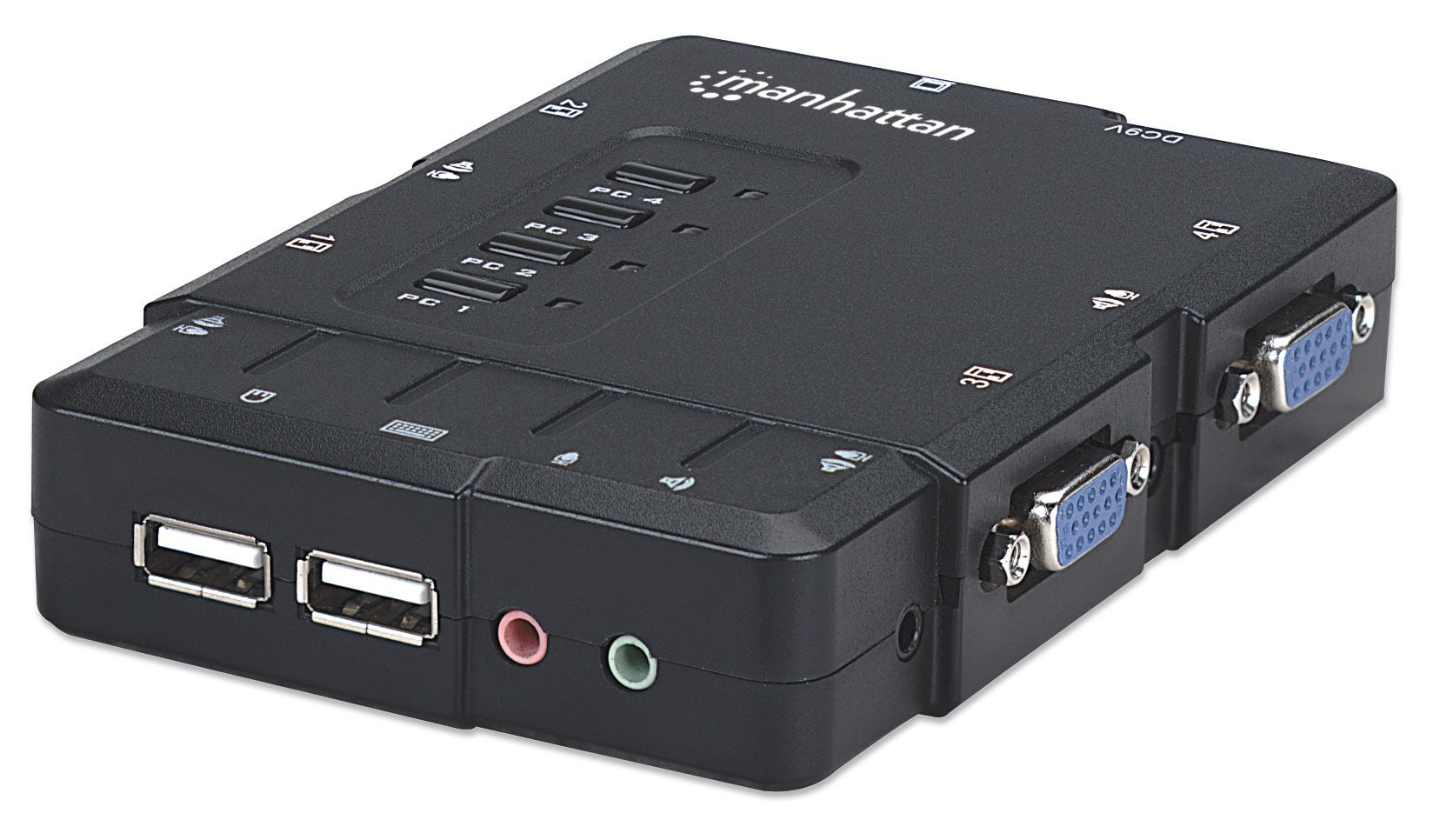 Manhattan Kvm Switch Compact 4-Port, 4X Usb-A, Cables Included, Audio Support, Control 4X Computers From One Pc/Mouse/Screen, Black, Boxed