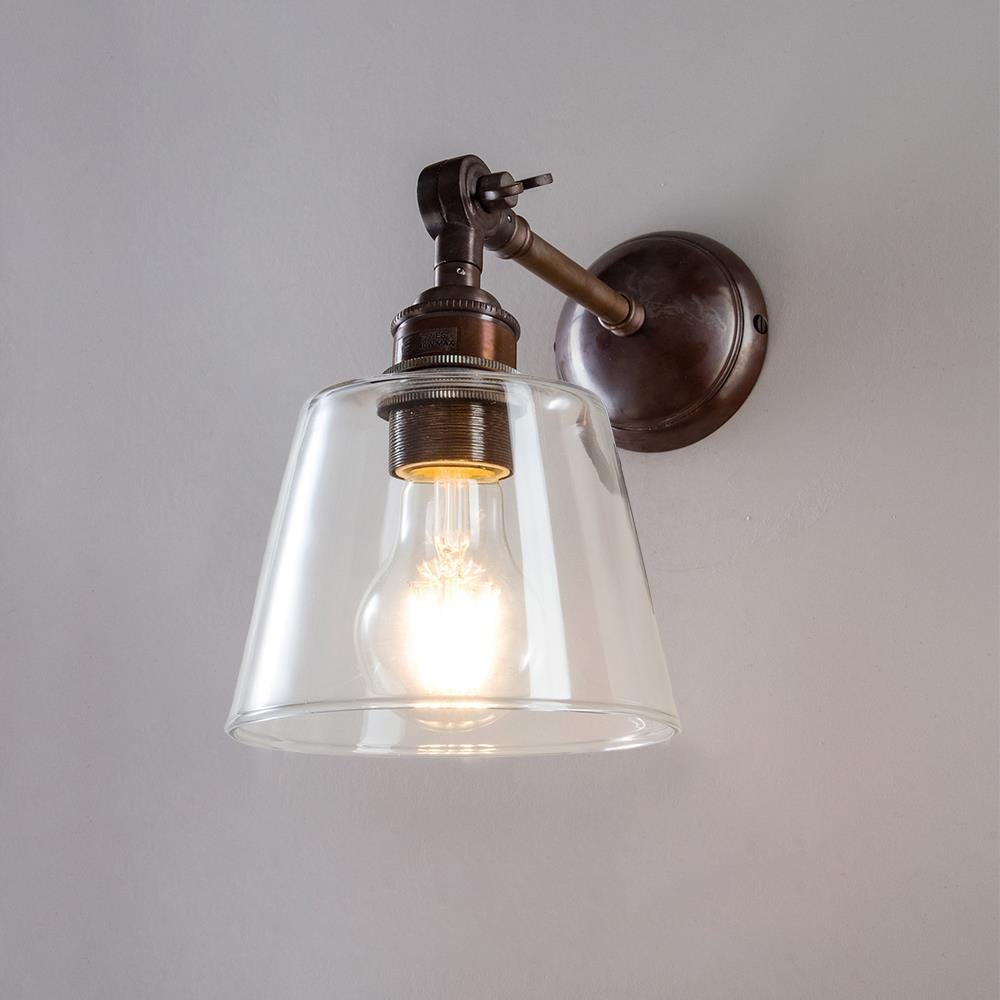 Old School Electric Glass Adjustable Arm Wall Light Tapered Shade Antique Brass Unswitched Clear