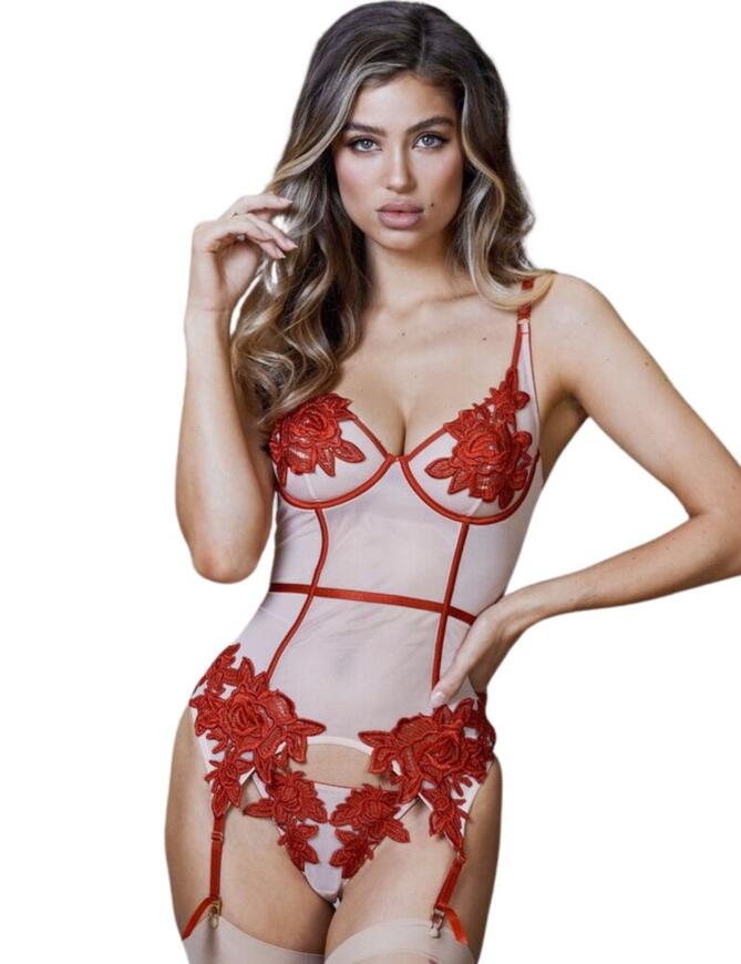 Impress and seduce in the sexy applique basque from the Hustler Brooke range by Playful Promises. Don't be afraid to flaunt your shape with the contouring mesh style. Lace embroidery enhanced cups show off your cleavage that little bit more, featuring non-padded wired cups for a supportive and comfortable look. Combined with adjustable bra straps and 4 adjustable suspender straps for a perfect fit. Designed with hook and eye clasp panelling at the rear for a seductive security feel. Pair with your favourite stockings to create a naughty finish.  Non-padded Underwired Lace embroidery detailing Adjustable bra straps Hook and eye clasp panelling at the rear 4 adjustable suspender straps Pair with your favourite stockings for a naughty look Matching items available Composition: - 77% Nylon &pipe; 23% Elastane &pipe; Lace applique 100% Polyester &pipe; Lining 100% Nylon Listed in UK Sizes  46567-85359-1138239 PPHUS001R Body