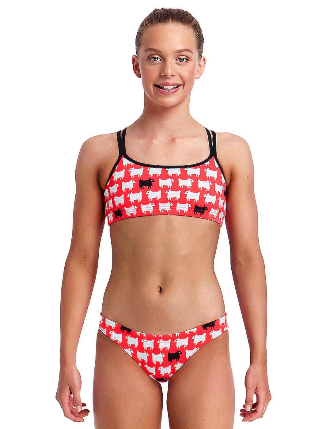 Stand out from the crowd in this season's stunning new Funkita collection! Offering a comfortable fit, this two piece set is plastered in a fun and quirky print that is sure to get you noticed amongst friends! The bikini top has a double strap crossover at the back and the bikini brief offers excellent and firm rear coverage with a hidden drawcord to ensure a perfect fit.  Fun and funky design Comfortable fit Contemporary print 100% Chlorine resistant Two piece set features a bikini top and bikini briefs Hidden drawcord in the brief for a perfect fit! Double strap crossover at the back of the bikini top Built in UV protection Ideal for leisure or training Composition:- 100% Italian polyester Listed in UK sizes  32382-60066-772095 FS33G01972 Criss Cross Bikini Set