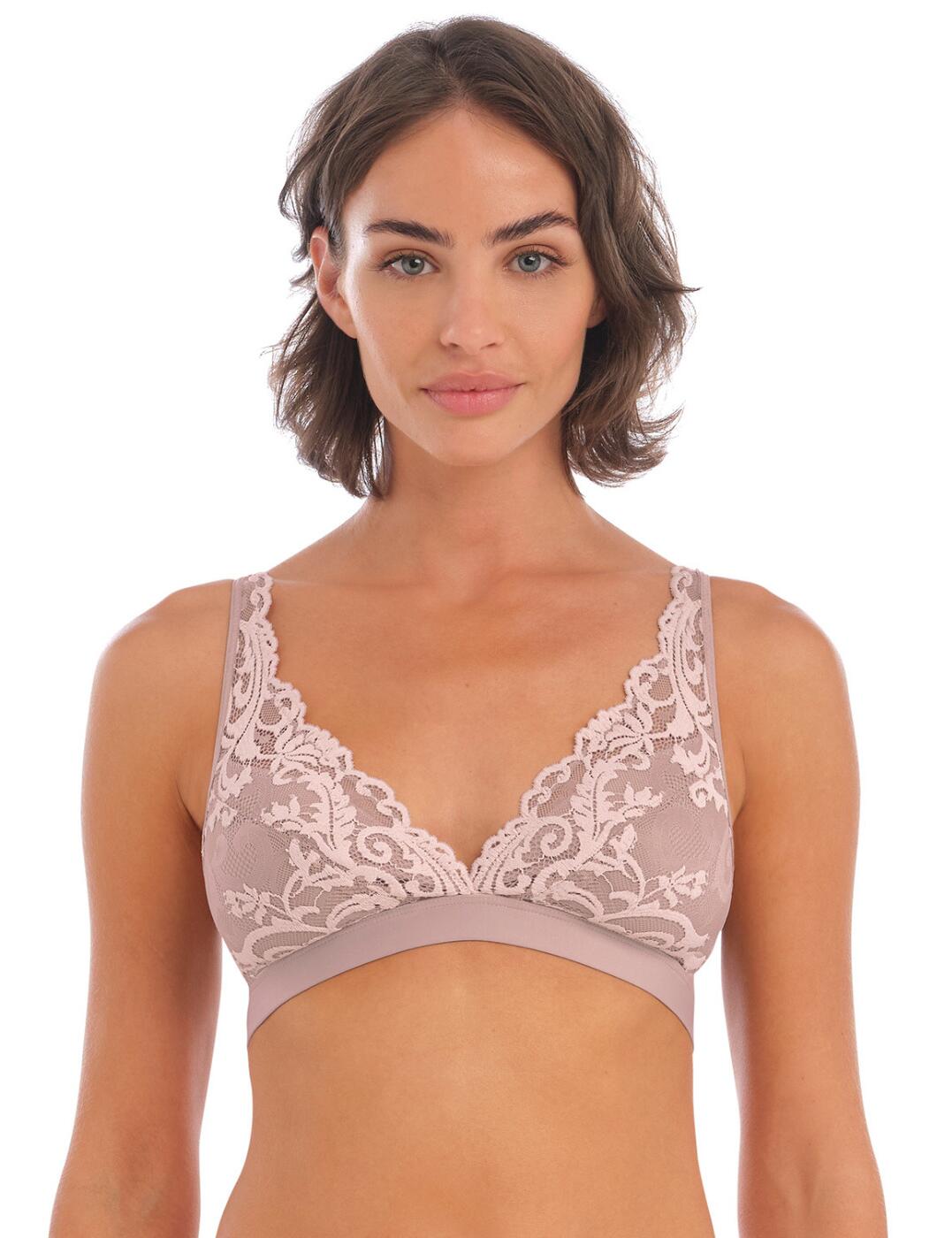 The Instant Icon range by Wacoal introduces this feminine bralette that showcases your cleavage gorgeously. Bringing the much-loved bralette style, it has a deep v-neckline that enhances your bust whilst the non-padded cups and wireless design allows for a natural shape and feeling. The bra has an elasticated under band for support and has a mini hook and eye closure at the rear along with non-adjustable straps. It has opaque cups for modesty whilst a flirty semi-sheer two-toned lace overlay accelerates the look.