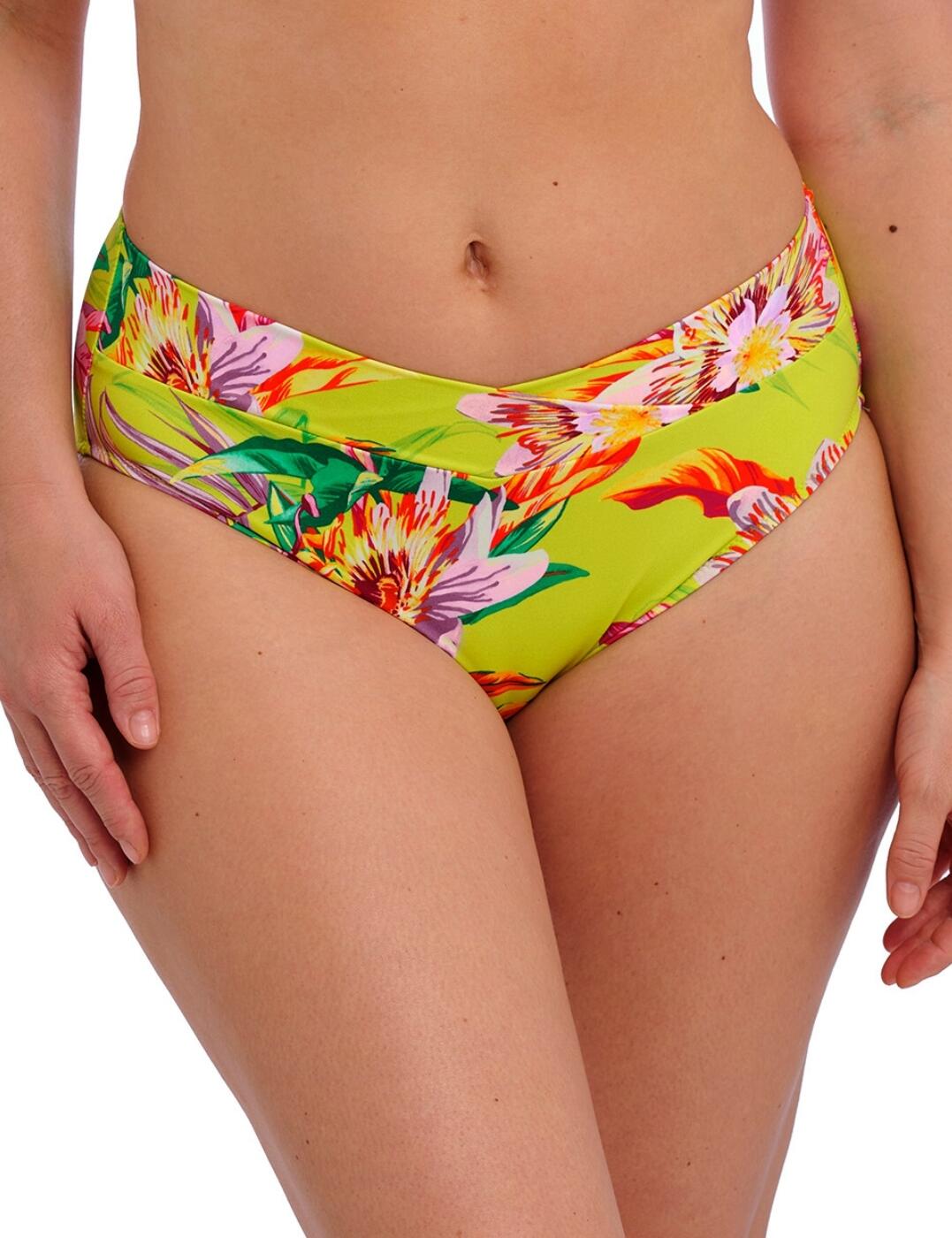 Hit the beach in style this season with the Cala Macarella high waist bikini brief, designed for those looking to make a statement with their swimwear! Showcasing a vibrant tropical print, these must-have bikini briefs are the perfect addition to any holiday wardrobe. The high-rise waist and flattering cross-front waistband feature create a silhouette that's both comfortable and chic, providing medium rear coverage ideal for strolling the shores or taking a dip in the pool. Plus, full interior lining means these bikini briefs promise not only to look good but to feel good too. Pair with matching Cala Macarella swimwear for a coordinated beach look.