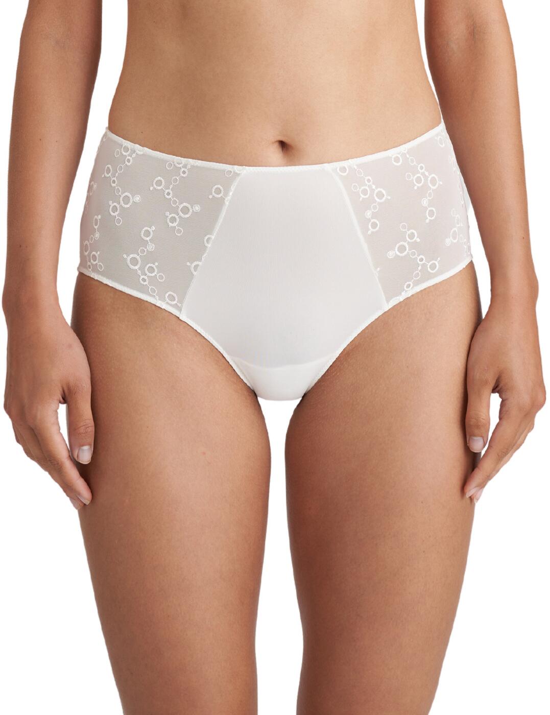 This full brief from the Nellie range by Marie Jo is perfect for the upcoming summer season. It has a smooth plain opaque fabric at the centre front and rear whilst the sides are crafted from feminine embroidery, all made from recycled materials. The smooth fabrics allow for a seamless finish. It provides great full coverage with a high-rise waist and moderate rear coverage. Pair with any of the other items from the Nellie range for a luxurious look.