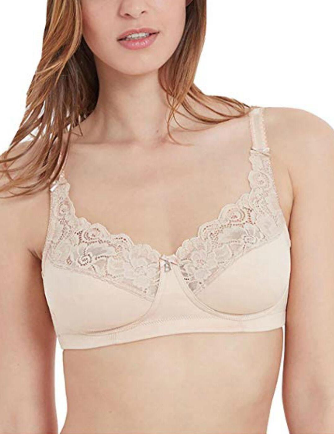 Comfortable and supportive, the Bestform Cocoon range combines delicate features with a practical design to create a perfect new everyday bra for your lingerie wardrobe.  Non-wired Un-padded for a natural look Floral lace adorns the cups Wide underband for support Flexible and supportive side boning Finished dainty bows and 'B' charm Fully adjustable straps 3 row 2 hook and eye fastening Composition:- 66% Cotton, 21% Polyamide, 13% Elastane Matching coordinates available Listed in UK sizes   33036-61272-810925 11440 Balcony Bra